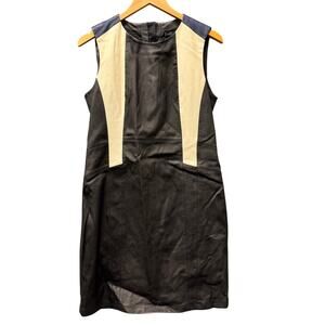Belstaff Leather Dress Womens IT 46 US 10 Bodycon Navy Blue Black Cream Zip Up